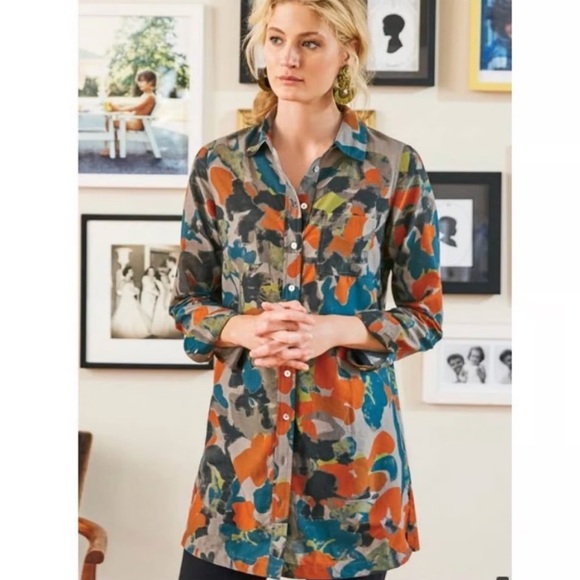 SOFT SURROUNDINGS Dauphine Gray Orange Black Print Cotton Tunic Button Down Top - Picture 1 of 11